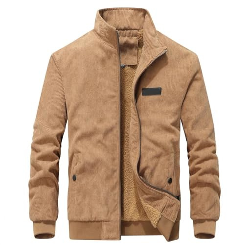 Eauptffy Bomber - Giacca invernale da uomo in corduroy, con colletto alto, in pile, foderata, tinta unita, ispessita, per le mezze stagioni, in peluche, calda e comoda, O kaki, XS
