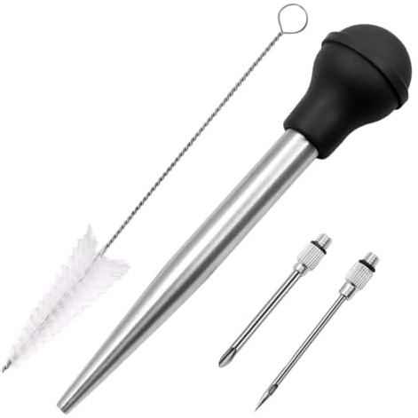 NASSMOSSE 1 Set Turkey Baster Stainless Steel Turkey Baster Syringe with Silicone Pump Head Includes Detachable Needles & Cleaning Brush, Meat Injector for Cooking