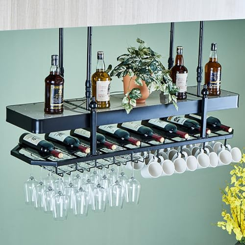 Portabottiglie da soffitto con LED e portabicchieri, da parete, per whisky, elegante per casa, bar o sala da pranzo, per bottiglie e bicchieri