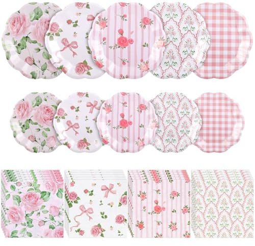 NatNarr 150 Pcs Floral Plates and Napkins, Pink and White Floral Tea Party Supplies Include Pink Floral Gingham Plates Napkins for Spring Garden Party, Bridal Baby Shower, Mothers Day