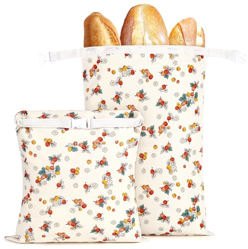 2 Pcs Sacs a Pain Tissu Réutilisables en Polyester avec Doublure en Cire d'abeille Sac à Pain pour Conserver le Pains Beeswax Bread Bag Conservation Croissant Baguette Fruit Légumes-43 * 30cm(Fruits)