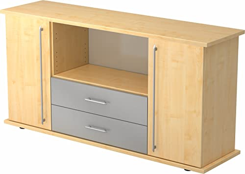bümö Sideboard Ahorn mit Flügeltüren & Regal - Büromöbel Sideboard mit Schubladen Holz 166cm breit, 45cm schmal, Büro Schrank für Flur oder als Wohnzimmer-Kommode mit Relinggriff