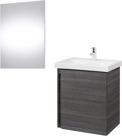 Planetmöbel Waschtisch mit Unterschrank 50 cm inkl. Badspiegel mit Beleuchtung oval, Badmöbel Set mit Waschbecken, hängend, anthrazit