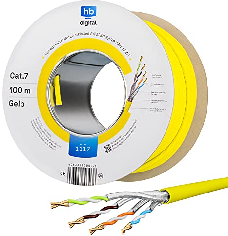 HB-DIGITAL 100m CAT 7 Netzwerkkabel LAN Kabel Verlegekabel Ethernet Installationskabel 10 Gbit/s AWG23 S/FTP - GHMT Zertifiziert - reines Kupfer LSZH BauPVO Klasse Cca Datenkabel Simplex - Gelb