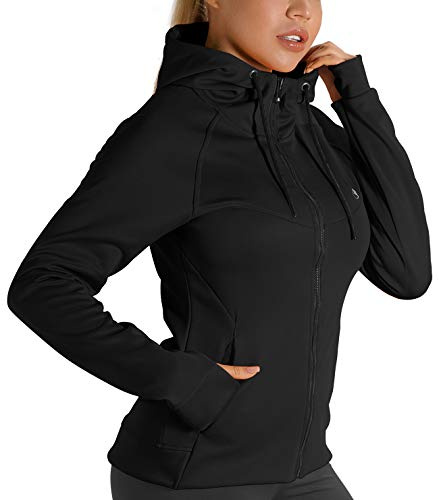 icyzone Giacca Sportiva Donna con Cappuccio,Felpa Termica con Zip e Fori per i Pollici (M,Nero)
