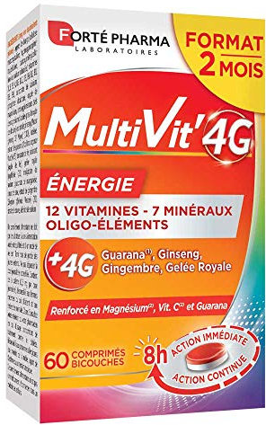 Forté Pharma - Multivit' 4G Energie - Complément alimentaire 12 Vitamines, 7 Minéraux - Gelee royale, Ginseng, Guarana, Magnesium, Vitamine D - Fatigue, Irritabilité - 60 comprimés Bi-couches, 1/jour