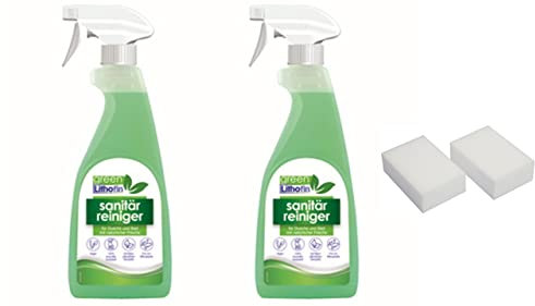 2 x Lithofin Sanitärreiniger green Bio Sanitärreiniger 500 ml Reiniger gegen Kalk und Seifenreste - vielseitig einsetzbar - inkl. 2 Reinigungsschwämme