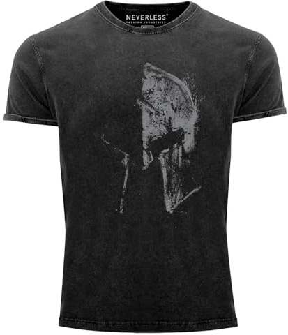 Neverless® Herren Vintage Shirt Sparta-Helm Spartaner Helmet Printshirt T-Shirt Aufdruck Used Look Slim Fit Schwarz XL