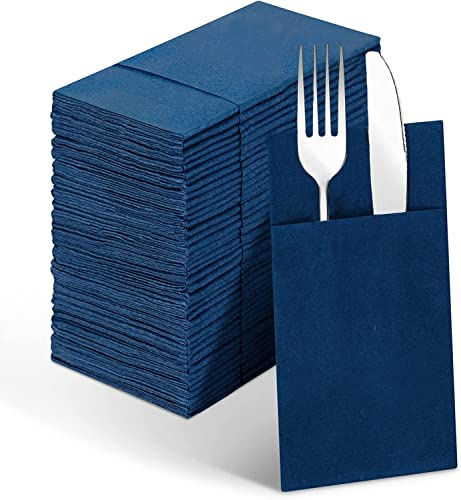 Linen-Feel Navy Blue Paper Napkins, 50 Pcs Cloth Like Dinner Napkins with Built-in Flatware Pocket, Pre-Folded Absorbent Disposable Guest Paper Hand Towels for Bathroom, Weddings Party