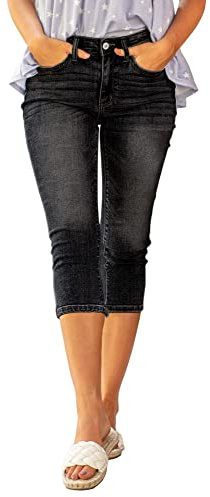 Roskiky Pantalones vaqueros capri para mujer de cintura alta Skinny Ripped Jean Denim, Negro , M