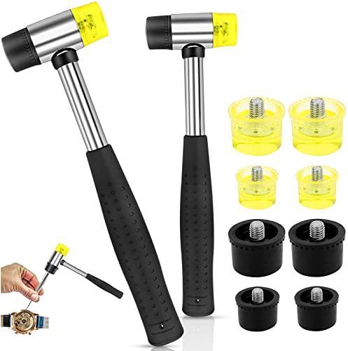 GZhaizhuan 2 Stk Doppelkopf Gummihammer, Doppelkopfhammer 25/40mm mit Rutschfest Gummigriff & 8 Ersatz-Hammerköpfen für Holzbearbeitung Lederhandwerk