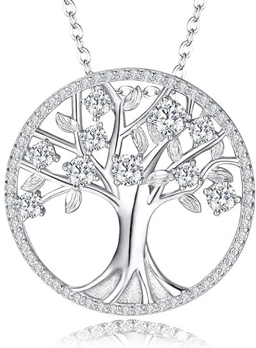 JUZICHEN Collier Arbre de Vie en Argent Sterling 925, Collier Arbre de Vie en Zirconium Vert, Pendentif Femmes (Blanc)