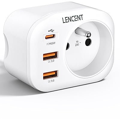 LENCENT Prise USB Secteur PD 20W, Chargeur Type C QC3,0 Multiprises avec 1 Sortie AC, 1 USB C et 2 Ports USB Prise Murale Electrique Compatible avec Les téléphones Idéal pour Bureau 4000W