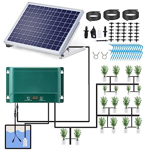 Irishom Kit Solare Automatico per irrigazione a Goccia 7 modalità di temporizzazione 30 modalità di irrigazione 98,42FT Sistema di irrigazione Automatica per irrigazione per aiuole Piante da Prato