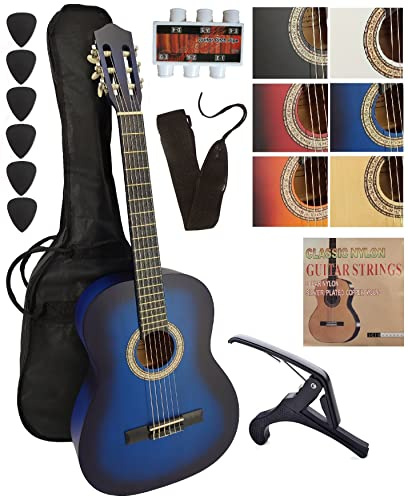 AMBRE Pack Guitare Classique 4/4 (Adulte) + 10 Accessoires (Housse, Support Mural, Accordeur, Sangle, Capodastre, Cordes, 6 Médiators, Boîte, Manivelle) + Cours Vidéo & CD (Bleu, 1/2, Gauche)
