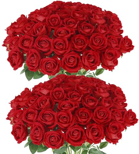 Hananona 50 Pcs Artificial Roses in Bulk, Fake Silk Red Roses Realistic Roses for Wedding Centerpieces Flower Arrangement Home Decor (50, Red)