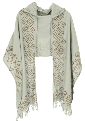 GURU SHOP Handgewebter Baumwollschal mit Kapuze, Tribalmuster | 100% Baumwolle, handbedruckt, vielseitig verwendbar, ideal als Schultertuch, Poncho oder Stola.