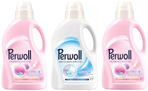 PERWOLL Flüssig-Set 3x 27 Waschladungen (81WL) 2x Für Wolle & Feines & 1x White, Feinwaschmittel glättet und erneuert Fasern & Feinwaschmittel reinigt sanft und erneuert Weiß und Fasern