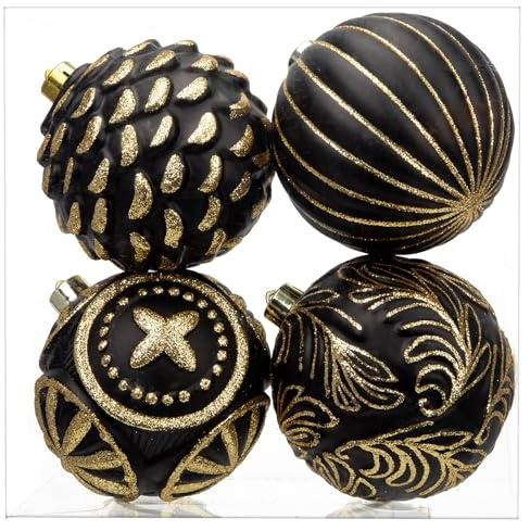 Arborus 4PCS Christbaumkugeln 12 cm Weihnachtskugeln Kunststoff Kugeln Weihnachtsbaumschmuck Glitzer Christbaumschmuck Schwarz Weihnachtsbaumkugeln Tannenbaumkugeln Weihnachten Deko Adventsdeko
