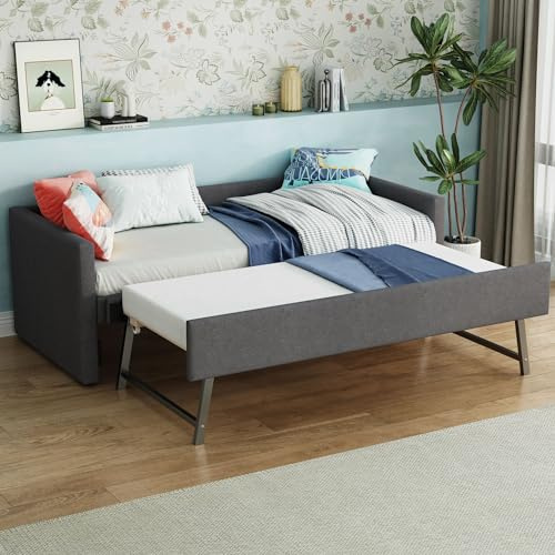 MQLAE Tagesbett Ausziehbar 90x200 cm, Kinderbett Polsterbett mit Ausziehbares Bett, Sofabett mit Lattenrost aus Holz, Jugendbett Gästebett Schlafsofa für Wohnzimmer Schlafzimmer, Leinen, Grau