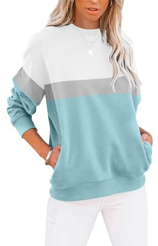 Cuptacc Pullover Damen Rundhals Elegant Sweatshirt Locker Farbblock Taschen | Alltag,Atmungsaktiv,Lässig Bequem,Der Stoff ist Weich Hautfreundlich,Farbblock,Lockerer Passform,Rundhals