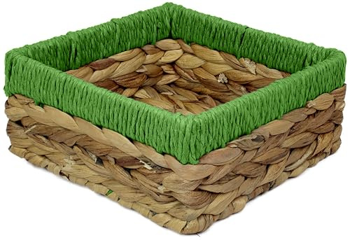Small Water Hyacinth Square baskets for storage. Natural with Green edges for shelves open hamper decorative gift mini tray make up Kitchen organiser (1 x Pack, Medium 18cm)
