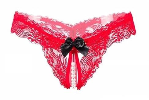 Generisch Super Perlen-String Spitze Slip Ouvert mit Schleife - Damen - One Size (S-L) - Rot - 1 Stück