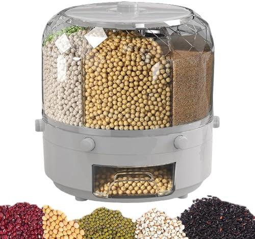 6-Grid Round Food Dispenser | 360° Rotating Cereal Dispenser | Round Rice Storage Container | Rice Bucket Rice Storage Tank Sealed Grain Container Dry Food Fruit Storage Box for Home and Kitchen