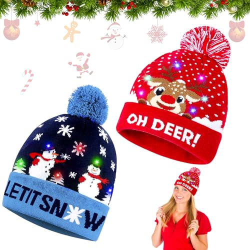 LED Weihnachtsmütze, LED Leuchten Hut Mütze Stricken, Weihnachtsmütze Kinder Bunt, Weihnachtsmützen, Weihnachtsmann Mütze mit Licht, Nikolausmütze, Warme Neuheit Weihnachten Hut für Kinder Erwachsene