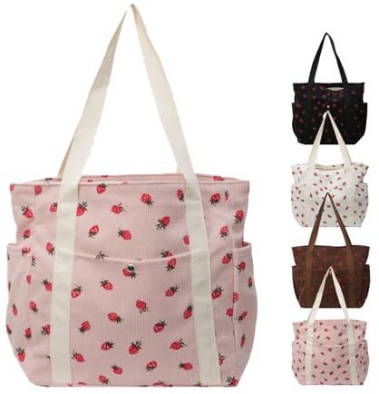 Aikelai Cord Tasche Damen Groß, Erdbeer Shopper Tasche Schultertasche Einkaufstasche mit Reißverschluss, Arbeitstasche Cordtasche Handtasche (Rosa)