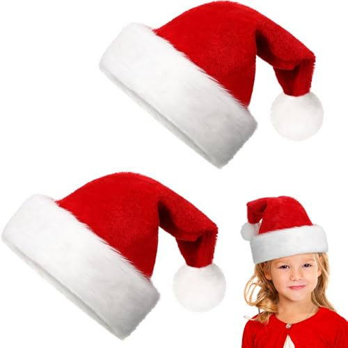 Hestya 2 Weihnachtsmützen Nikolausmütze für Kinder Jungen Mädchen Plüsch Weihnachtsmann Mütze Verdickte Bequeme Weihnachtshut aus Samt Weiche Weihnachtsfeiertagshut für Weihnachten Neujahr
