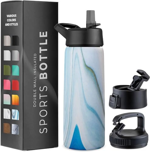 750 ml Stainless Steel Insulated Flask - Triple Walled Drinking Bottle with Straw & 3 Leak-proof Caps - For Travel, School, Sports, Fitness (Elegant Blue Marble)