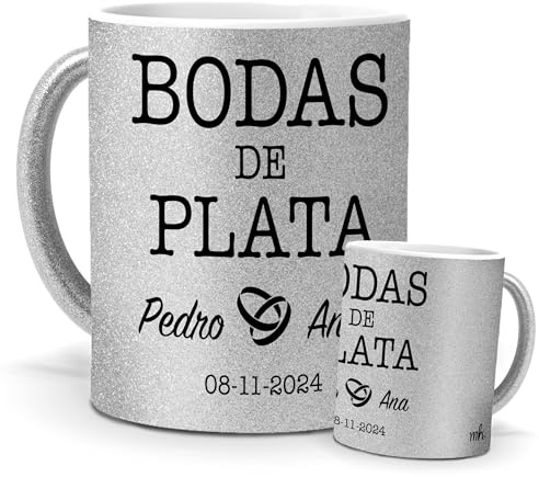 Taza personalizada bodas de plata | Pon los nombres y fecha que quieras | regalo original para celebrar vuestro 25 aniversario de bodas | Cerámica Purpurina plata | Tazas de Café, Té... | 350 ML