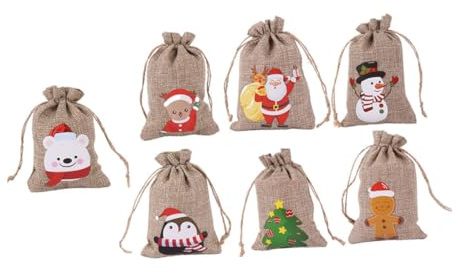 Hoement Weihnachtsgeschenktüten 7 Stück Leinentaschen Kordelzug Beutel Wiederverwendbar Gebündelter Mund Aufbewahrung Weihnachten Deko Geschenkbeutel