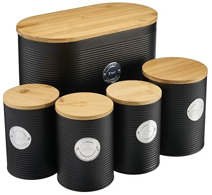 Cooks Professional 5 Piece Ribbed Tea Coffee Sugar Bread & Biscuit Cannisters with Air-Tight Bamboo Lids | Stainless Steel Kitchen Storage Bin Set | Modern & Stylish | Black & Silver