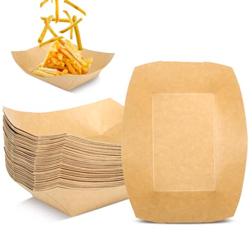 KILDOWS 50 Piezas Bandejas de Cartón Kraft，Cuencos de Cartón，Forma de Barco Cuenco Madera，Cuencos Plato Resistente al Aceite y Agua， para Comida Rápida, Snacks, Ensaladas y Snacks
