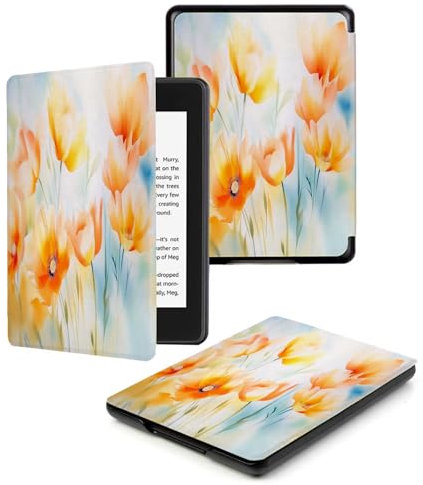Liseuse Kindle Paperwhite 11E Génération 6,8 Pouces 2021 / Paperwhite Signature Edition Cover avec Fonction Veille/Réveil Automatique Fleurs Pavot Orange À L'Aquarelle