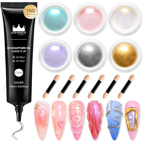 BISHENGYF Multifunktionales 3D-Gel-Nagelkunst: Metallisches Nagel-Chrom-Pulver und 15 g Strassstein, kein Abwischen, 3D-Gel, 6 Stück, Gold-Chrom (Silber/Lila/Blau)