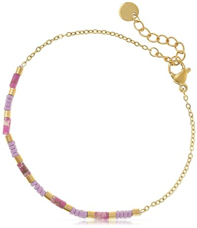 Made by Nami Pulsera de perlas para mujer, de acero inoxidable quirúrgico, color morado, 17 + 3 cm, resistente al agua e hipoalergénica, Anpassbar, Acero inoxidable, Amazonita