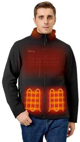 ORORO Men's 5 Heat Zones Softshell Heated Jacket with Power Bank, Fleece Lined Heated Coat