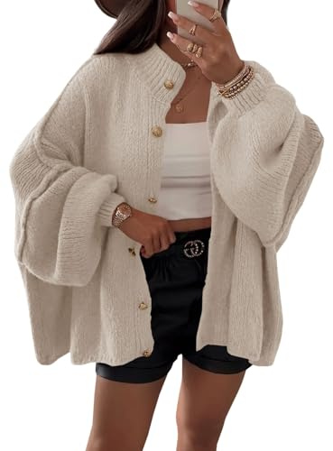 Saodimallsu Strickjacke Damen Kurz Laternenärmel Cardigan Winter Khaki S