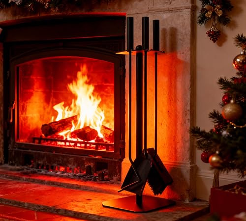 Kingson Set di accessori per caminetto, 3 pezzi, con spazzola, attizzatoio e pala, in acciaio verniciato a polvere nera con sfera decorativa, 57,5 cm