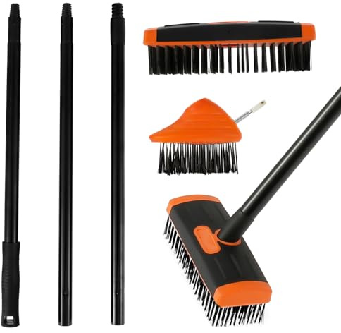Weed Remover Brush with Adjustable 133cm Handle Weed Remover Tool Weed Brush Long Handle with Rectangular Brush Patio Cleaner Wire Brush Head Triangular Brush Manual Crevice Weeding Tool for Walkway