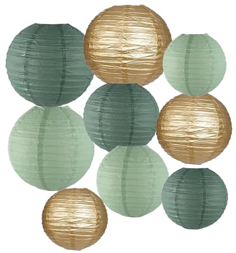 9 Stück Salbei Grün und Gold Papier Lampions,Grün und Gold Papier Laterne Runde Papierlaterne hochzeitsdeko,draußen,Festival deko, Brautdusche Babyparty Geburtstag Partydekor