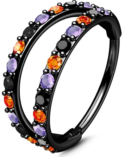 OUFER Body Piercing Nose Rings, 316L Surgical Steel 20G Nasenpiercing Nose Rings Black Orange Purple CZ, Hinged Segment Clicker Helix Cartilage Conch Rook Daith Piercing Jewelry 6/7/8MM Halloween