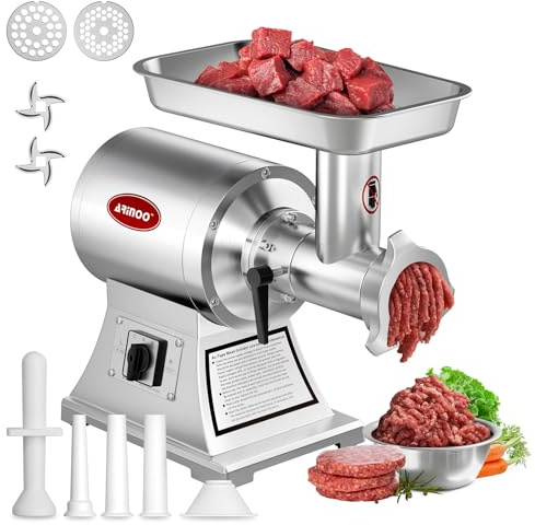 ARINOO Commercial Meat Grinder #8C, 0.6HP Heavy Duty Stainless Steel Industrial Meat Mincer w/2 Blades & Meat Pusher,Electric Meat Grinders for large batches home butchering, or small farm processing