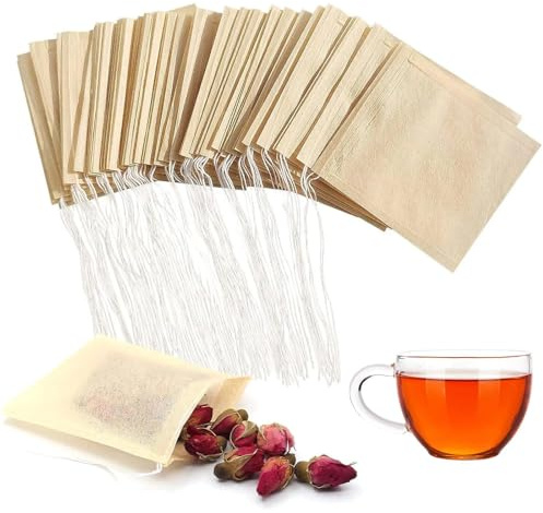 Lot de 100 sachets filtrants jetables en papier non blanchi biodégradable avec cordon de serrage pour thé en vrac, café moulu, tisane à faire soi-même (couleur originale) - 7 x 8 cm