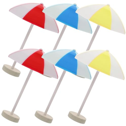 SKISUNO 6pcs Miniature Beach Umbrella for Doll House Medium Sun Umbrellas in Red Blue Yellow Compact and Stable Resin Decor for Dollhouse Beach Scenes and Party Supplies