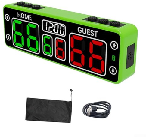 Gdfnmogo Marcador electrónico LED para baloncesto, fútbol, rugby, con batería recargable, 24 horas, pantalla superbrillante, parte trasera magnética, 6 de goma, 4 botones táctiles, ABS portátil (verde