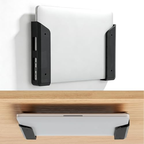 Tucnoeu Bärbar dator väggmonteringshållare, under skrivbord laptopfäste med lim och skruvar, stöder 29 mm (1,14 tum) tjocka enheter, kompatibel med MacBooks, yta, surfplattor och mer